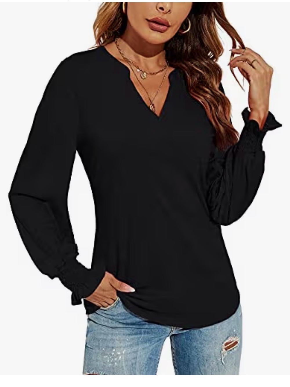 Black V-Neck Smocked Cuff Tunic Top